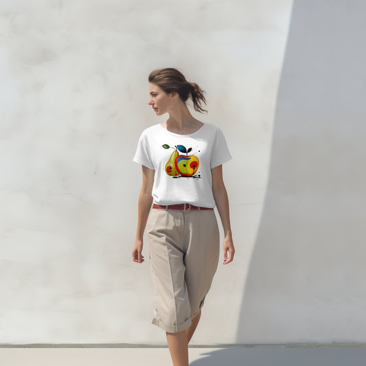 Damen T-Shirt Apfel & Birne | Rundhals Baumwollshirt mit Frucht Print