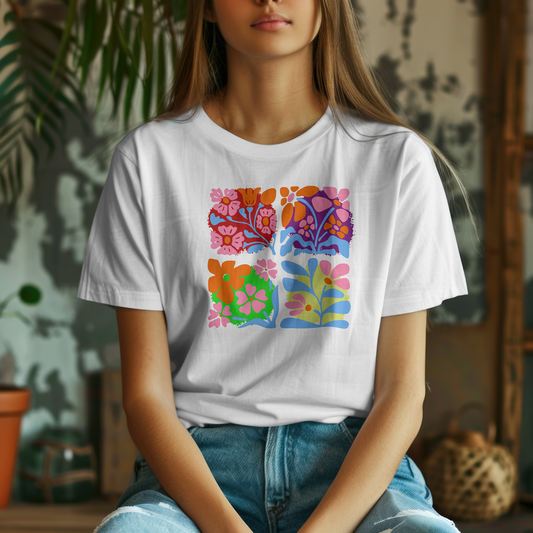 Flower Power Damen T-Shirt in weiß. Stylisches Sommer Shirt mit Blumen Print