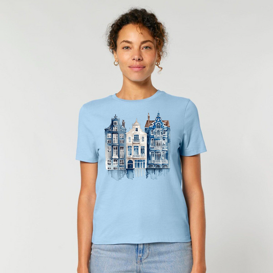 Damen T-Shirt Grachtenhäuser Amsterdam | Slim-Fit Baumwollshirt mit Back-Logo