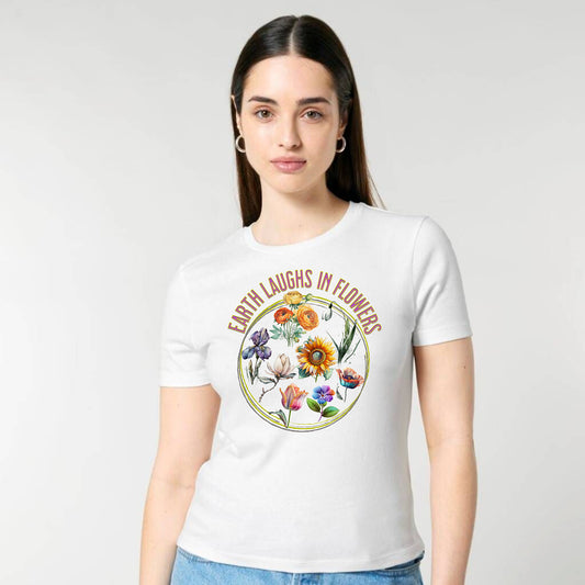 Damen T-Shirt "Earth laughs in Flowers" | Slim-Fit Baumwollshirt mit Blumenstrauß Print