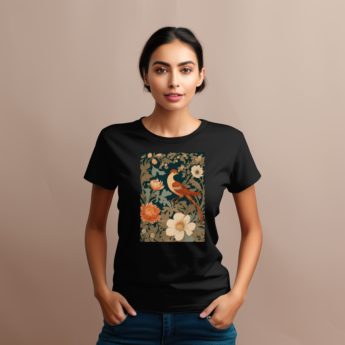 Damen T-Shirt Premium in Bio Qualität mit Blumen & Vogel Print