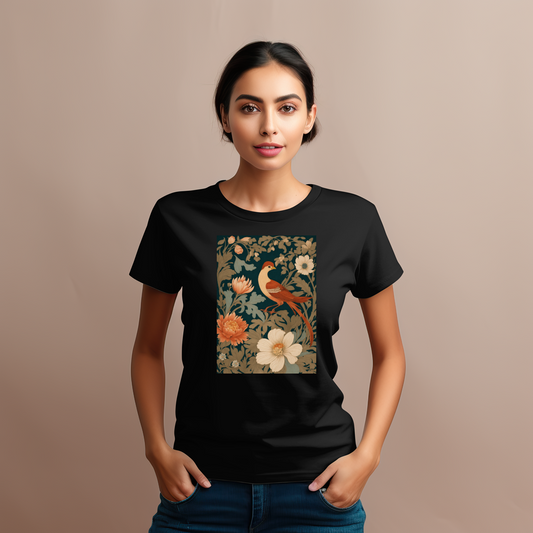 Botanischer Vogel Damen T-Shirt | Premium Rundhals Baumwollshirt