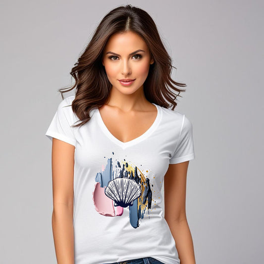 Maritimes Damen T-Shirt mit Muschel Print und V-Ausschnitt