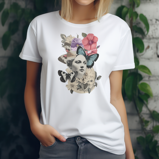 Damen T-Shirt Vintage Flower | Baumwollshirt mit Blumen & Schmetterling Print