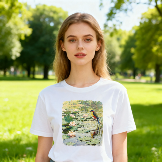 Damen T-Shirt "Vogel am Seerosenteich" | Rundhals Baumwollshirt