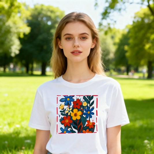 Blumenwiese Damen T-Shirt | Slim-Fit Baumwollshirt mit floralem Print