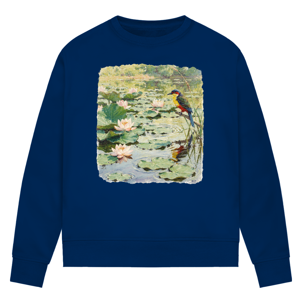 Damen Premium Bio Sweatshirt Vogel am Seerosenteich