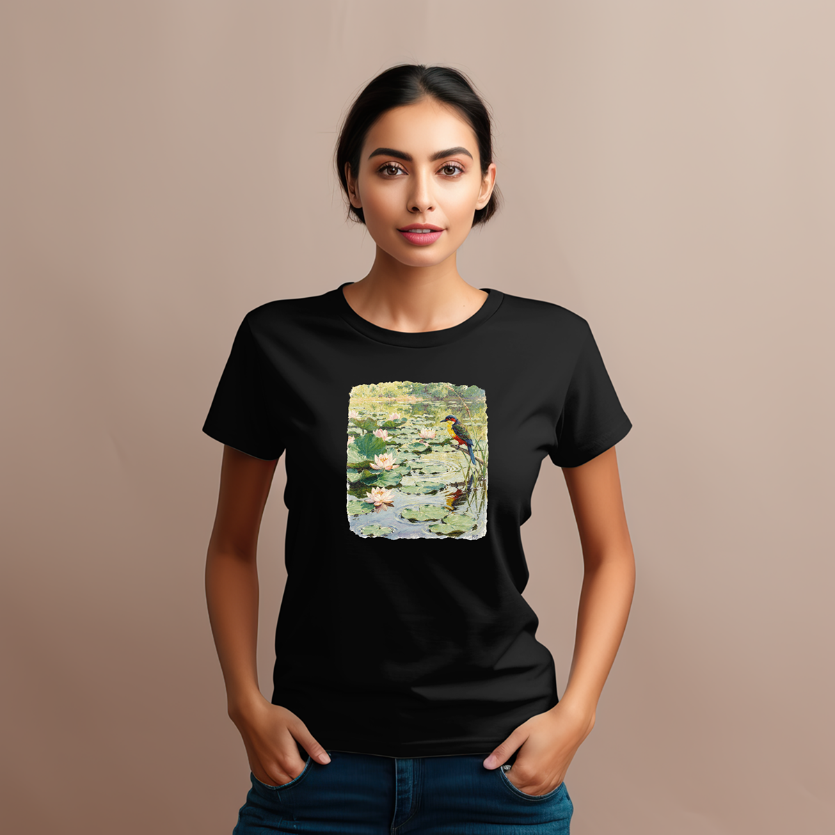 Damen Premium Bio T-Shirt - Vogel am Seerosenteich