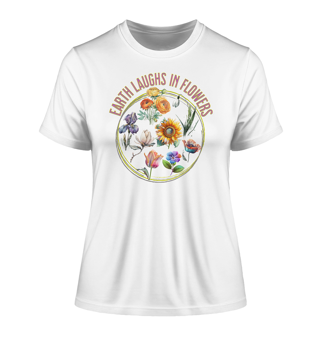 Damen T-Shirt  "Earth laughs in Flowers" | Slim-Fit Baumwollshirt mit Blumenstrauß Print