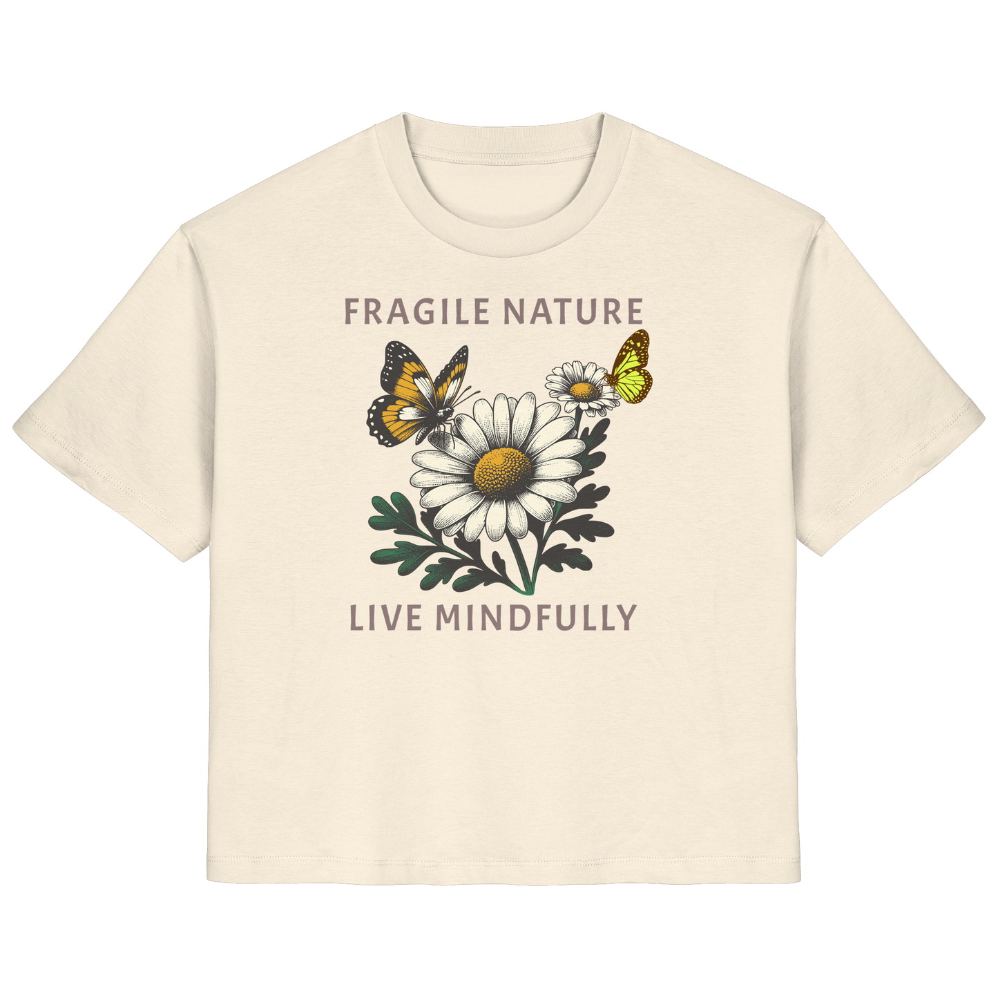 Damen T-Shirt Fragile Nature | Baumwollshirt mit Gänseblümchen & Schmetterling Print
