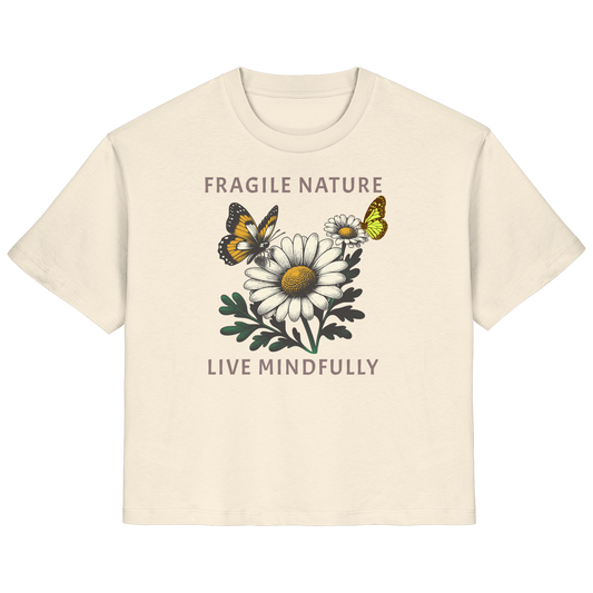 Damen T-Shirt Fragile Nature | Baumwollshirt mit Gänseblümchen & Schmetterling Print